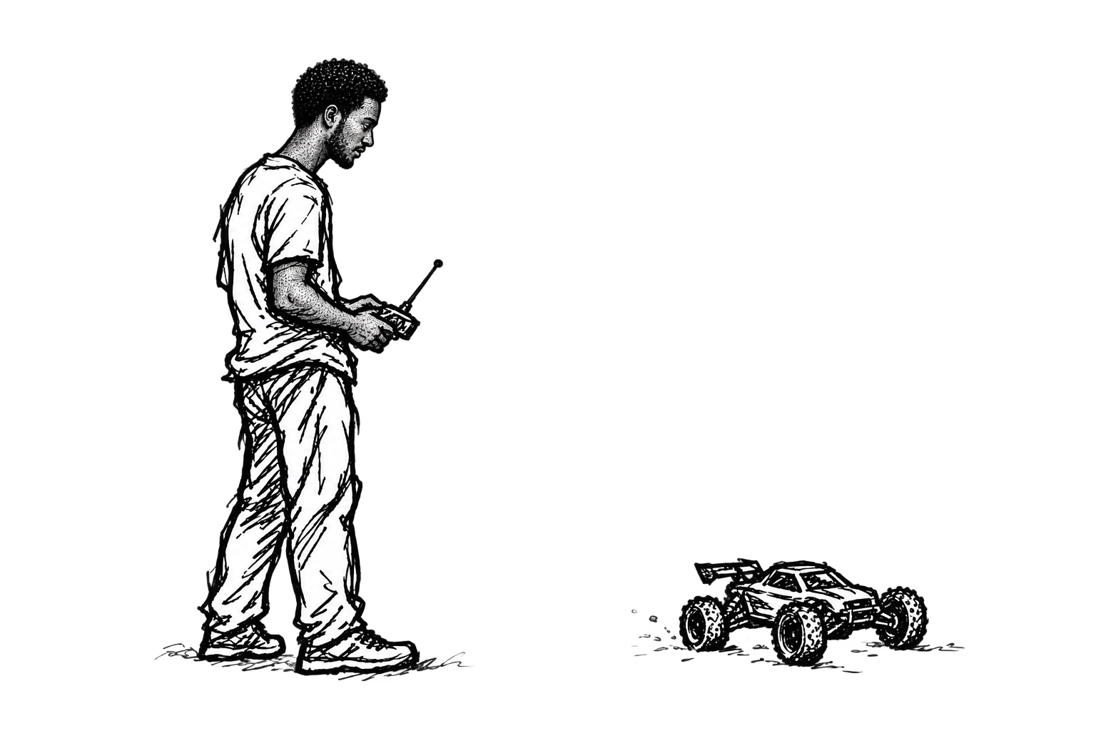 Pen-and-ink self-representation of Abdirahman, with a short afro, controlling an RC car
